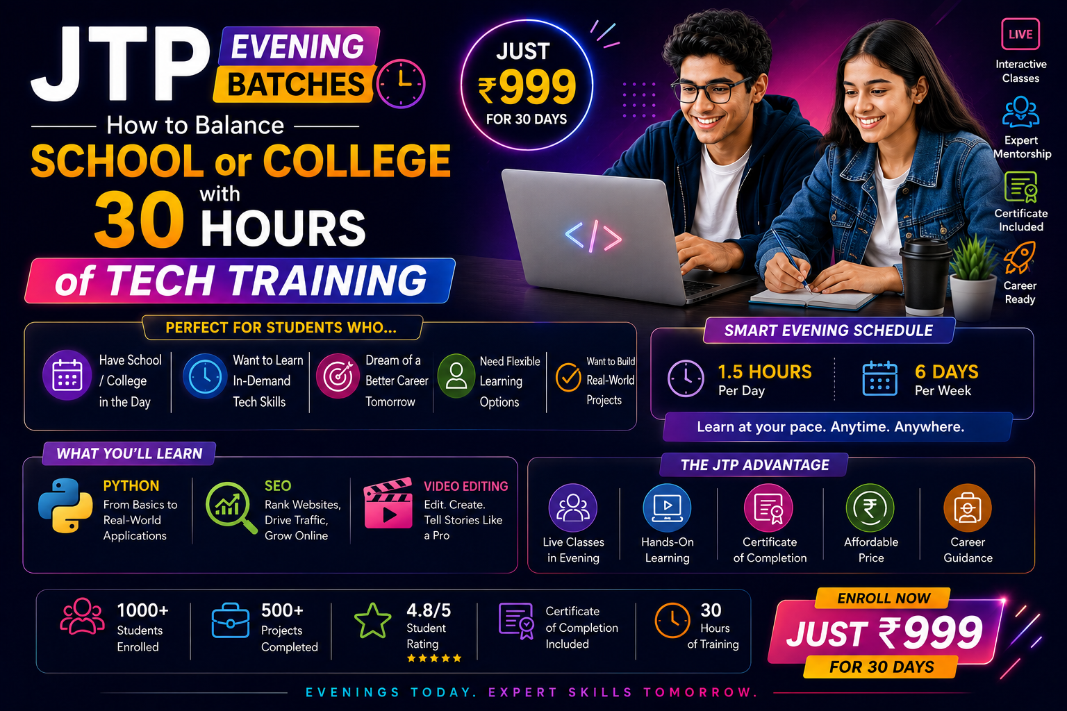 JTP Evening Batches: Balance School with 30-Hour Tech Training